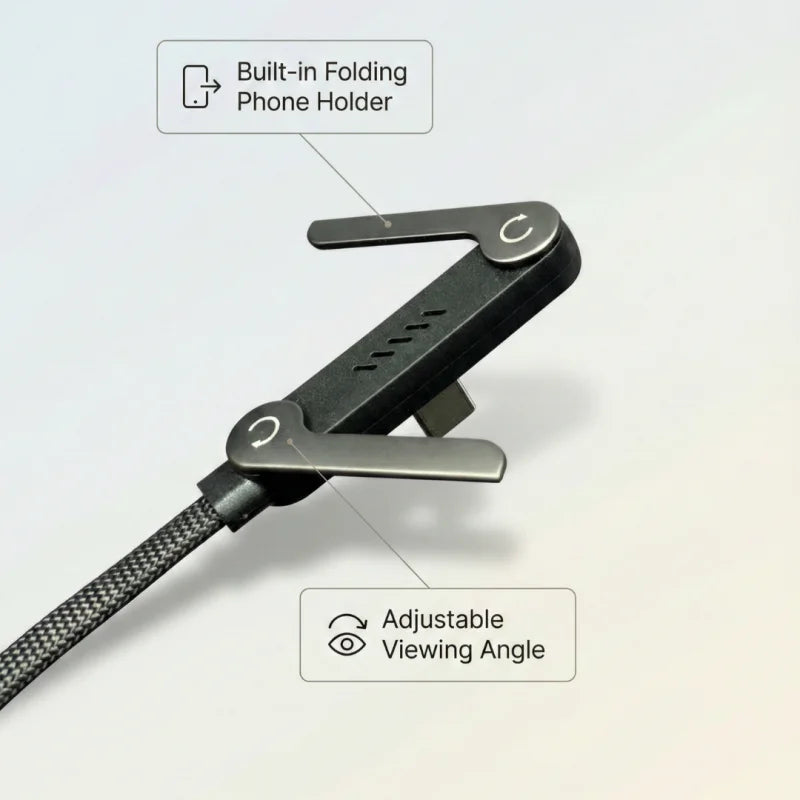 Folding phone holder with adjustable viewing angle on a light gray background