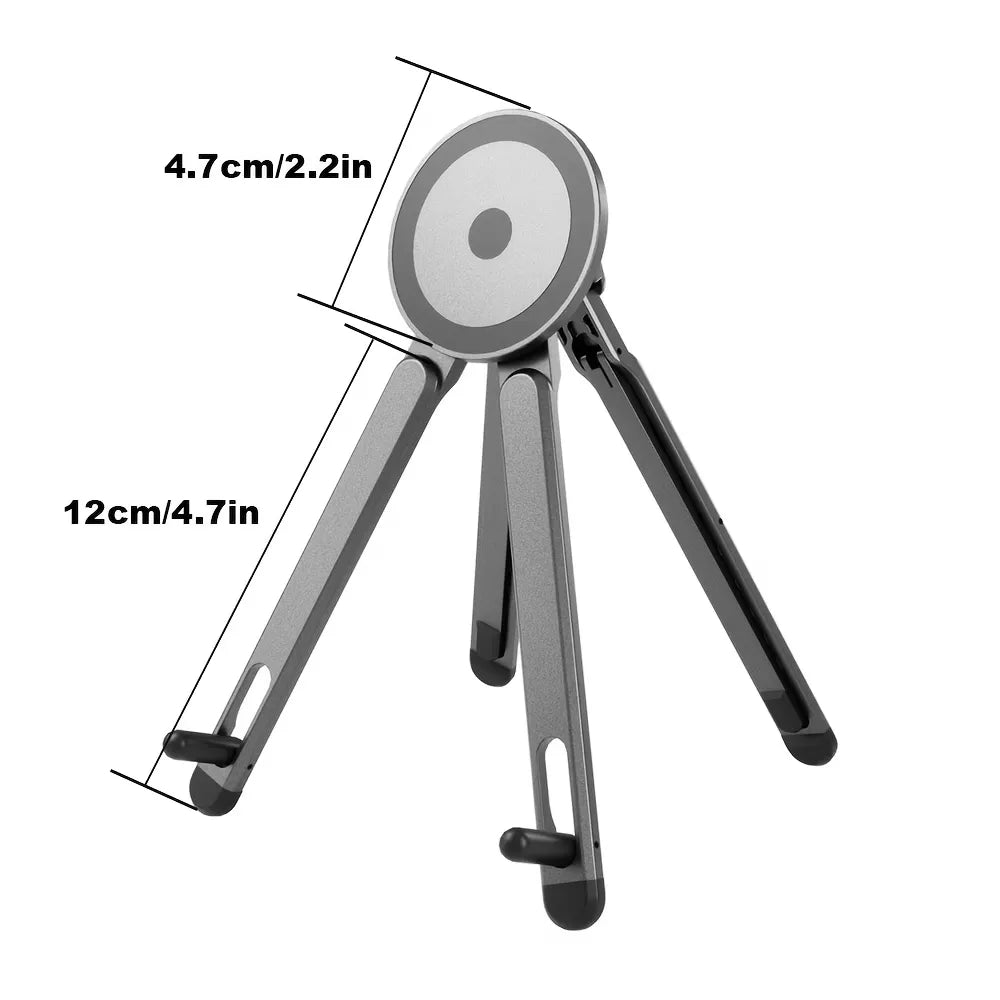 A gray metal tripod stand with dimension labels showing 12cm/4.7in height and 4.7cm/2.2in diameter, on a white background.