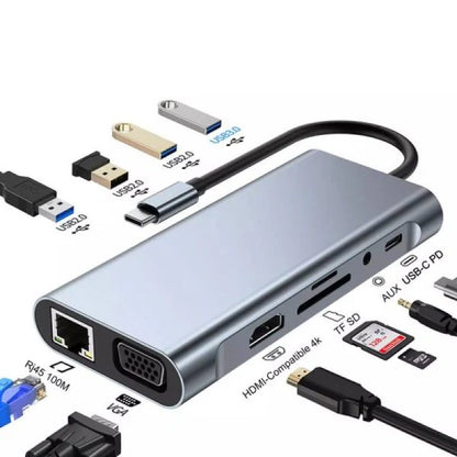 Multifunctional USB hub with various connectors on a white background