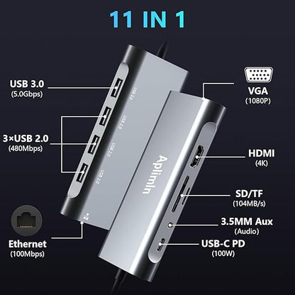 11-in-1 multi-port adapter with features labeled on a dark background