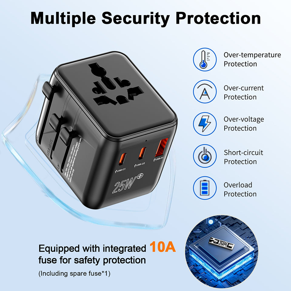 Black power adapter with safety protection features on a light blue background