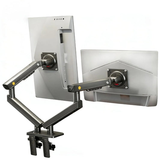 NB A5C dual monitor arm features: adjustable damping, cable management, and two installation methods