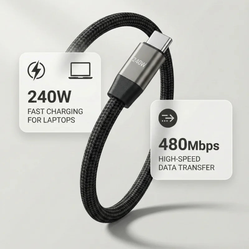 Black charging cable with text labels on a gray background