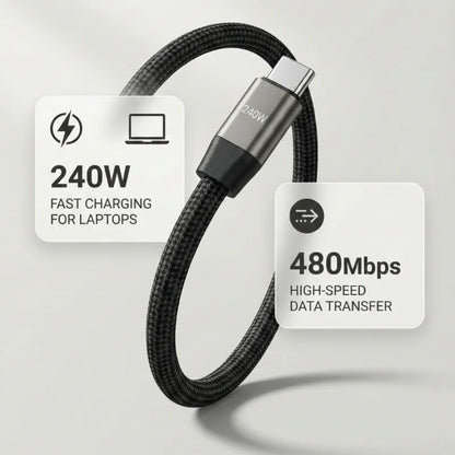 Black charging cable with text labels on a gray background