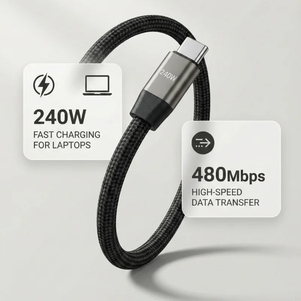 Black charging cable with text labels on a gray background