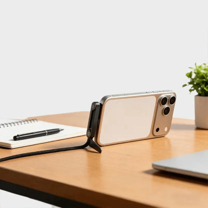 Smartphone with a stand on a desk next to a notebook and pen, with a plant in the background.