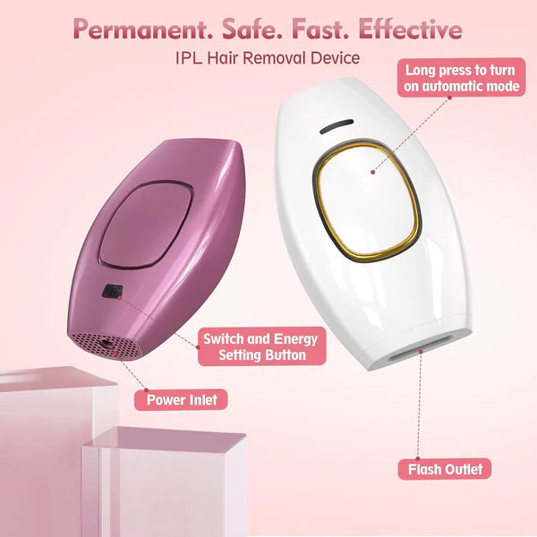 IPL hair removal device with labeled parts on a pink background