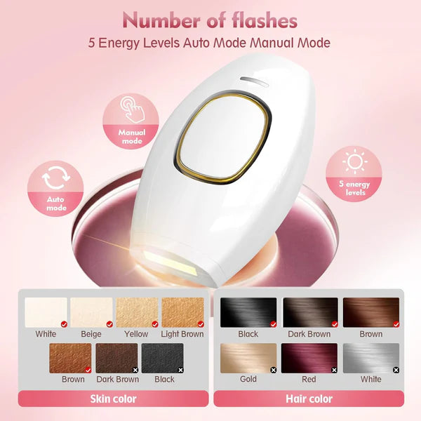 Beauty device with color selection options for skin and hair on a pink background