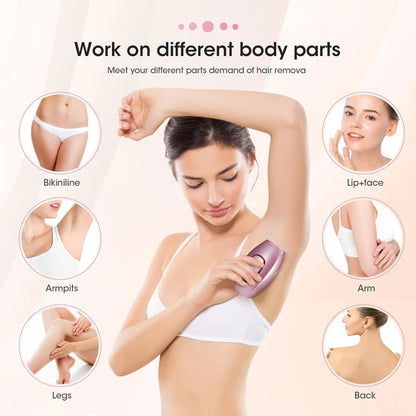 Woman using a hair removal device with insets showing different body parts.