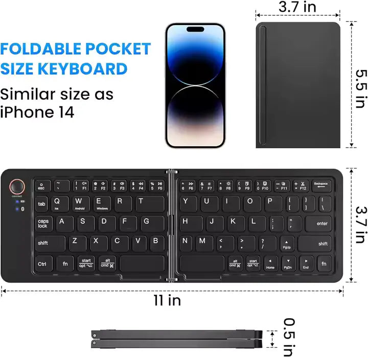 B023 11-Inch Foldable Rechargeable Bluetooth Keyboard in Black — portable wireless keyboard for tablets, phones, and laptops.