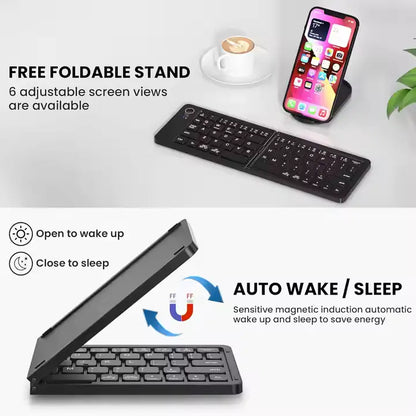 B023 11-Inch Foldable Rechargeable Bluetooth Keyboard in Black — portable wireless keyboard for tablets, phones, and laptops.