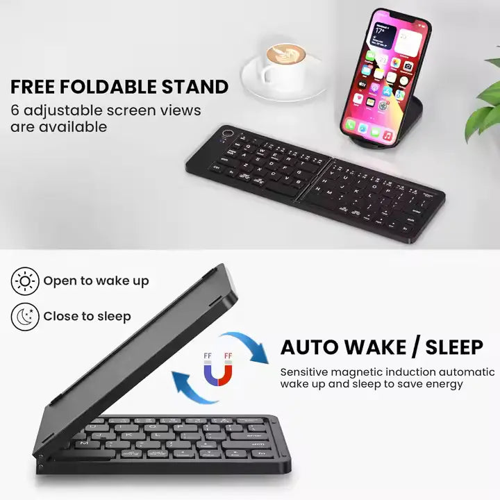 B023 11-Inch Foldable Rechargeable Bluetooth Keyboard in Black — portable wireless keyboard for tablets, phones, and laptops.