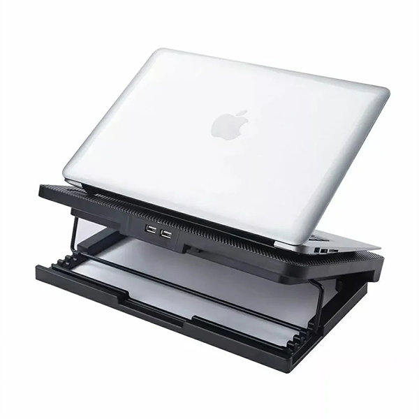 Adjustable Ergonomic Laptop Stand with Cooling Fans showing MacBook placement - FLiP Store