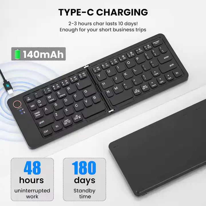 Foldable Rechargeable Bluetooth Keyboard in Black — portable wireless keyboard for tablets, phones, and laptops.