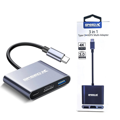  3-in-1 Type-C to HDMI multi-adapter with packaging on a white background