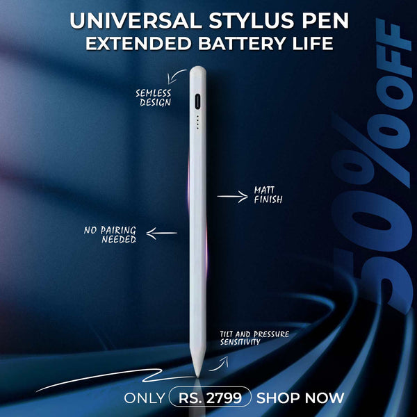 Universal stylus pen with features highlighted on a dark blue background