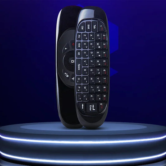 Black remote control with keyboard on a blue platform