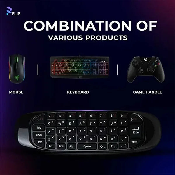 Gaming mouse, keyboard, and game handle with 'FLIP' branding on a dark background