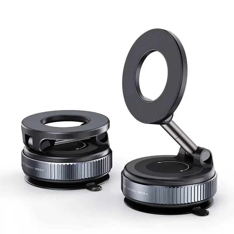 Two black magnifying lenses with adjustable rings, one shown closed and the other open and propped up, on a clean white background.