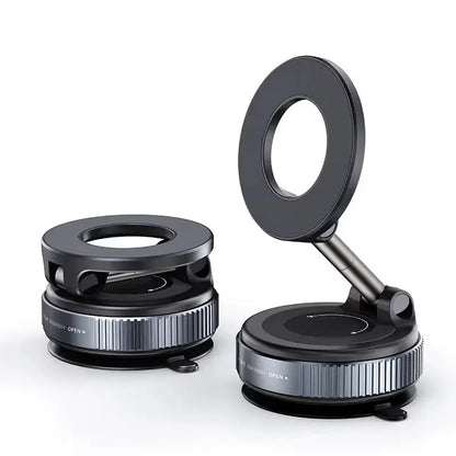 Two black magnifying lenses with adjustable rings, one shown closed and the other open and propped up, on a clean white background.