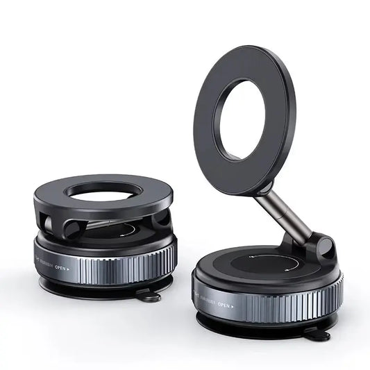 Two black magnifying lenses with adjustable rings, one shown closed and the other open and propped up, on a clean white background.