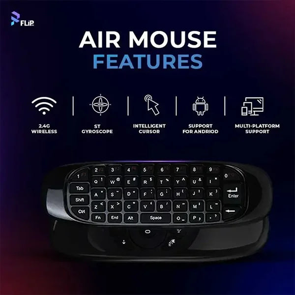 Air mouse features with keyboard on a dark background