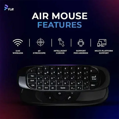 Air mouse features with keyboard on a dark background