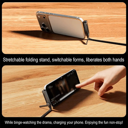 Stretchable folding stand for phone on wooden surface with text highlighting its features.