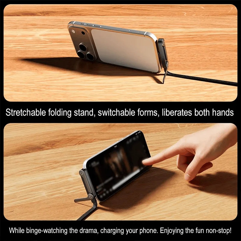 Stretchable folding stand for phone on wooden surface with text highlighting its features.