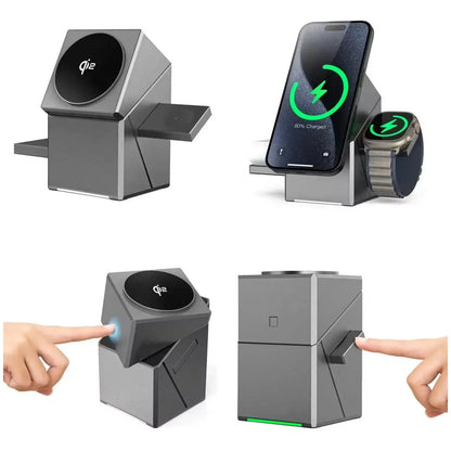 A 4-panel product demonstration of a modern gray foldable wireless charging stand on a white background. The panels show the stand in different configurations: with a phone charging on top, with a smartwatch charging alongside the phone, with two fingers touching the side to open a drawer, and with two fingers touching the side to close the drawer.