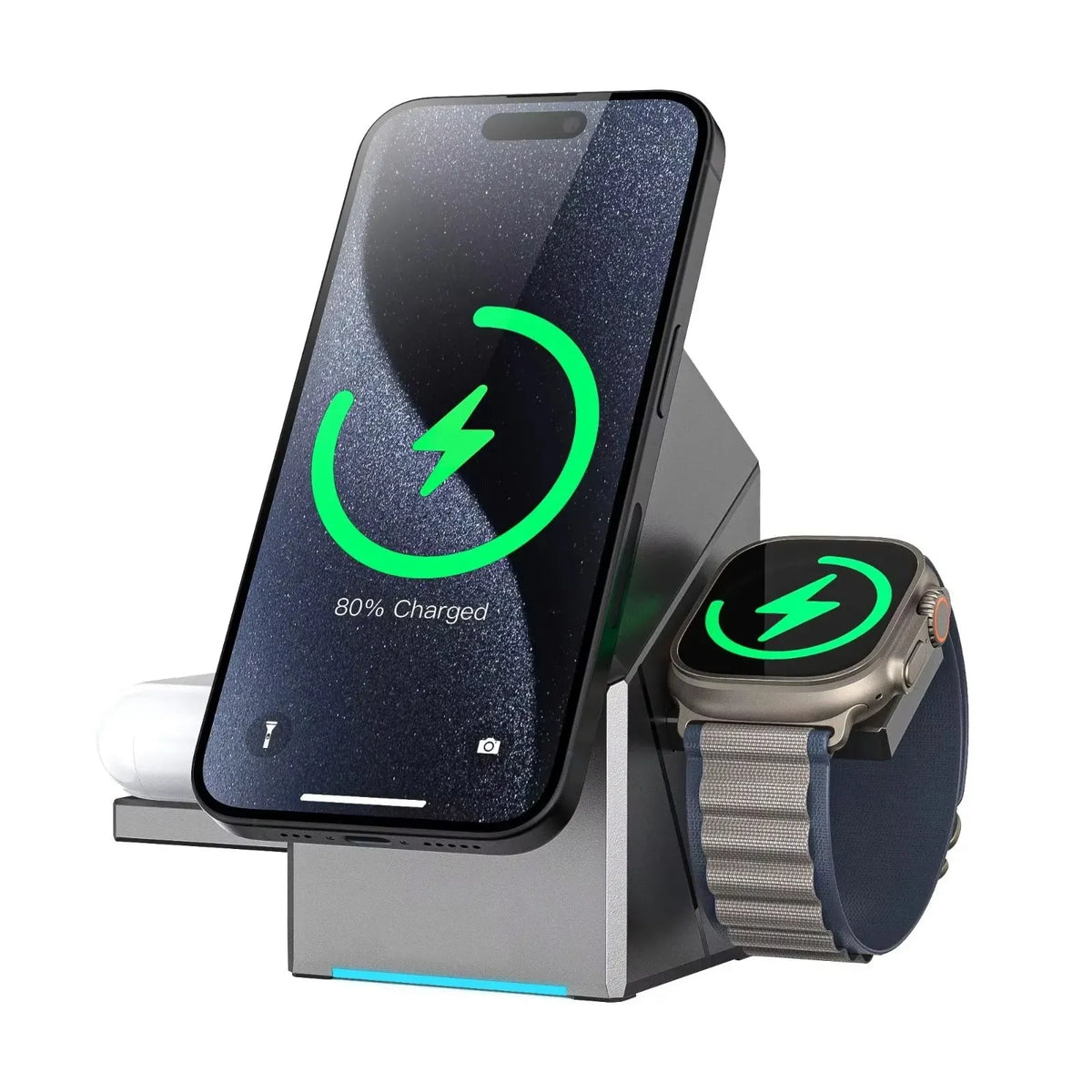 Wireless charging stand with smartphone and smartwatch on a white background
