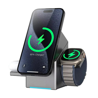 Wireless charging stand with smartphone and smartwatch on a white background