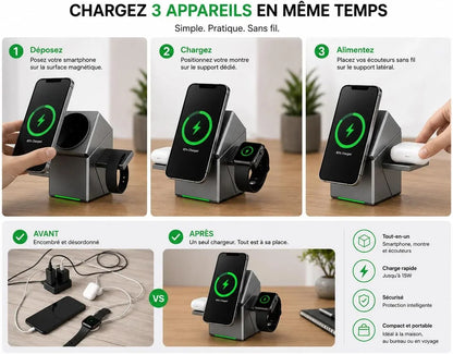 W22 foldable wireless charger charging iPhone, Apple Watch and AirPods together
