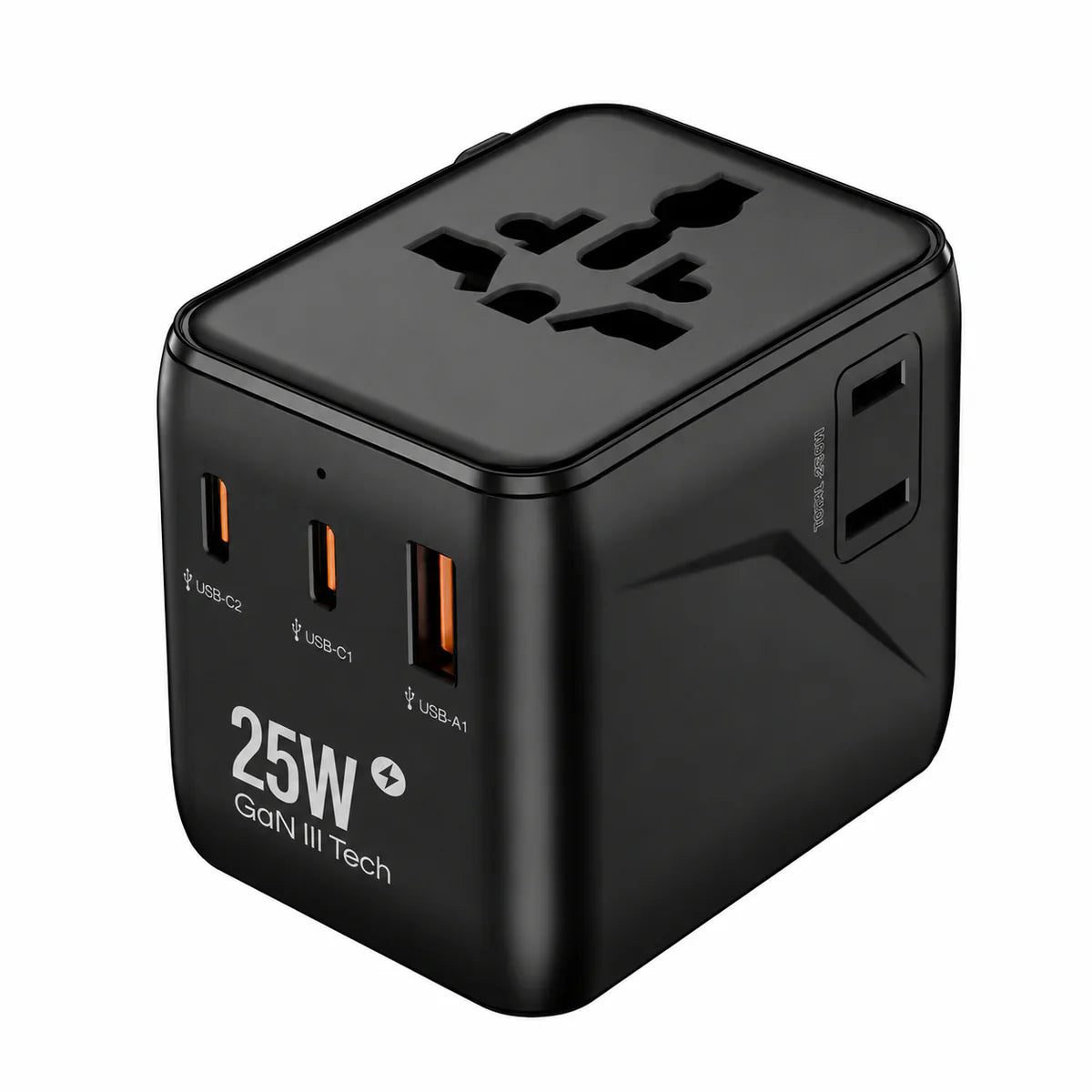 Black multi-port USB charger with multiple ports on a white background